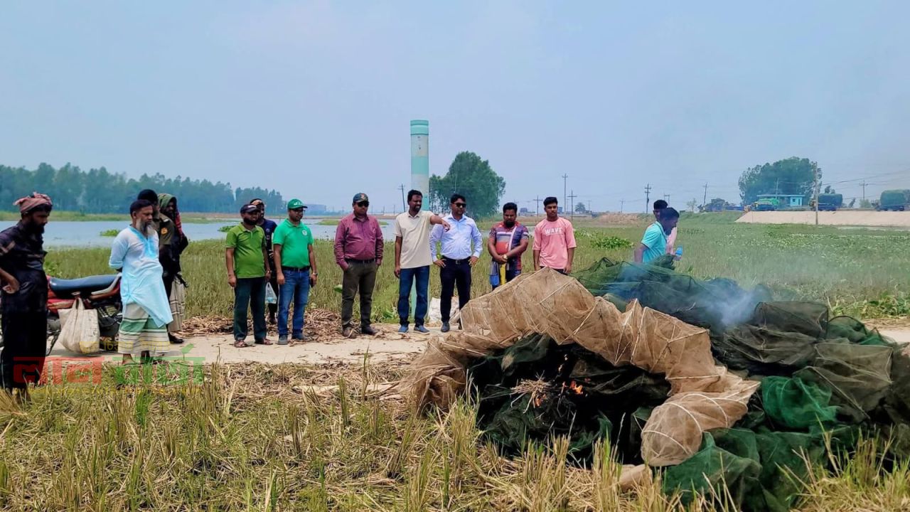 সিংড়ায় ২লাখ টাকার নিষিদ্ধ চায়না জাল ধবংস  