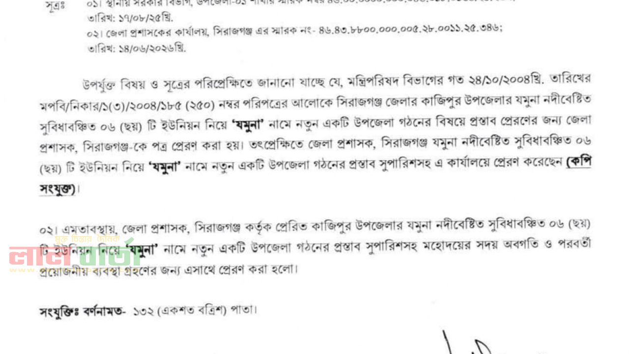 কাজিপুরে 'যমুনা' নামে নতুন উপজেলা গঠনের বিষয়ে প্রস্তাব প্রেরণ 