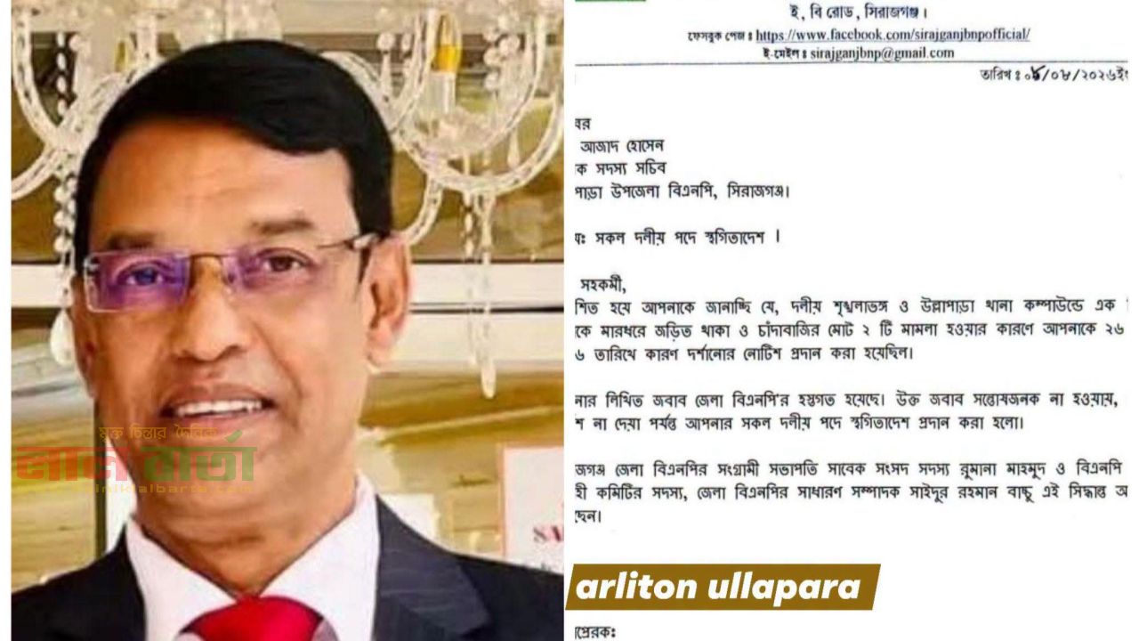 উল্লাপাড়ায় বিএনপি নেতা আজাদ হোসেনের দলীয় পদ স্থগিত